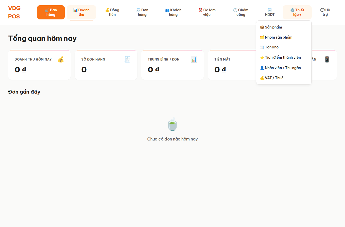 Menu Thiết lập đang mở - desktop
